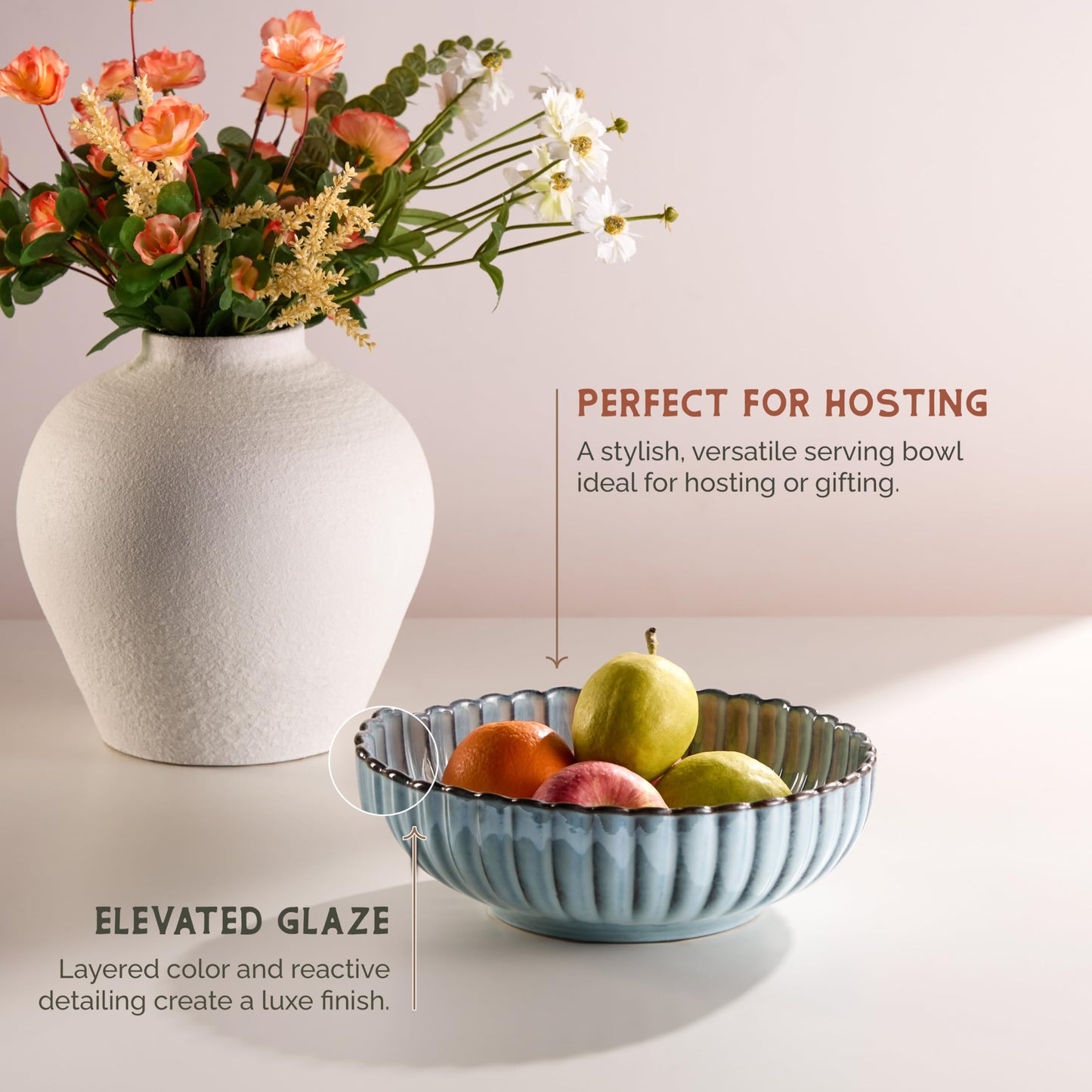 Serving Bowls, Durable Ceramic, Large, Microwave and Dishwasher Safe, Scalloped Shell Shape, Ombre Blue, 70 oz, Set of 2, Tidal Collection