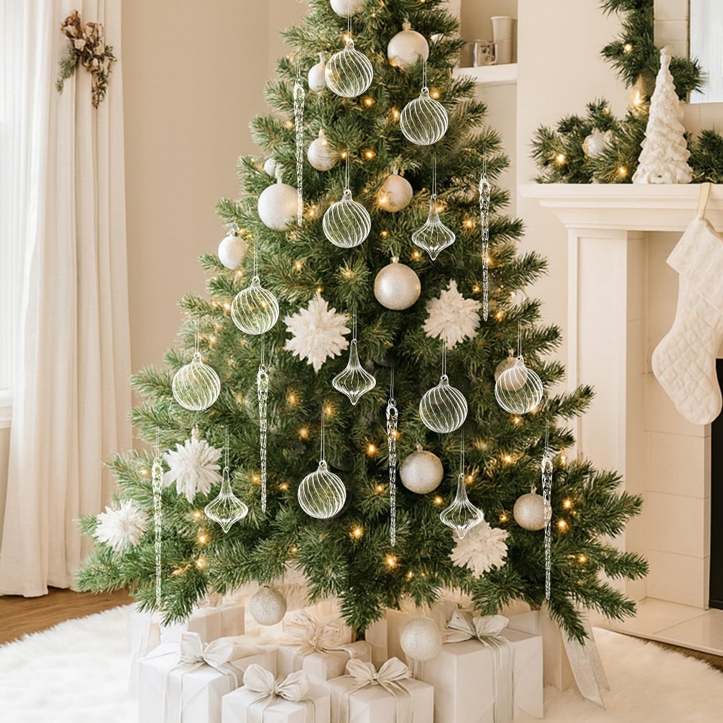 Seematn 18 Pcs Clear Christmas Glass Ornaments Ball Icicle Drop Ornaments Hanging Crystal Balls Glass Bulbs for Xmas Tree Home Indoor Party Elegant Winter Festival Crystal Decorations