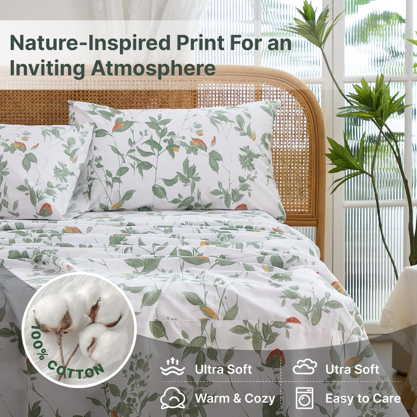 Cozaline 100% Cotton Sheets Set Queen Size – 4 Pieces Luxury Breathable Percale Cotton Bedding with Deep Pockets, Crisp Cool Feeling, Soft&Durable, Refined Botanical Elegance, Green Floral Bed Sheets
