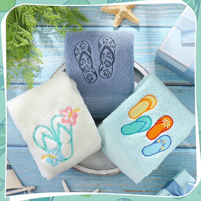 3 Pack Coastal Hand Towels for Bathroom 100% Cotton Embroidered Beach Bathroom