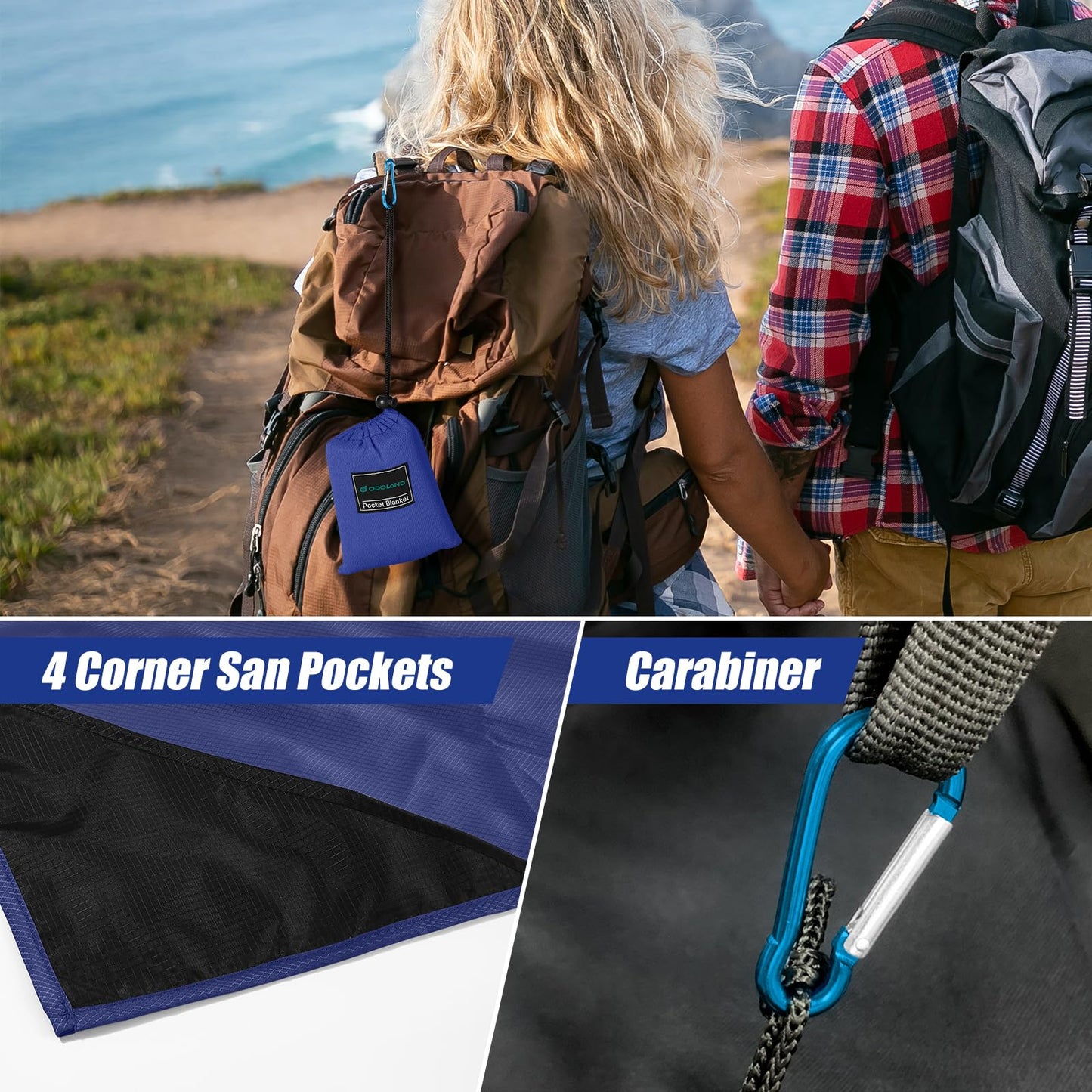 Odoland Hiking Blanket 180 x 160 cm Pocket Blanket Waterproof Heatproof Sandproof Thin Ground Sheet - Lightweight Foldable Beach Mat for Outdoor Camping, Travel, Hiking, Picnic for 2-4 People