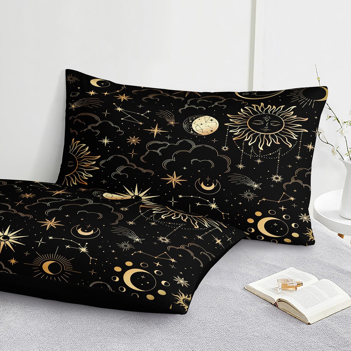 Bedding_Dreamer Black and Gold Queen Bed in a Bag Sun and Moon Bedding Set Mysterious Space Home Decor Galaxy Down Comforter Black Sheet Sets 8 Pcs Soft Microfiber for Kids Adults