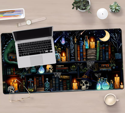 Black Desk Mat Gaming Desk Pad Large Mouse Pad, Mysterious Library Mouse Mat XXL Laptop Keyboard Pad, Vintage Gamer Mouse Pad Full Desk Mousepads Cool Office Desk Accessories 31.5"x15.7"