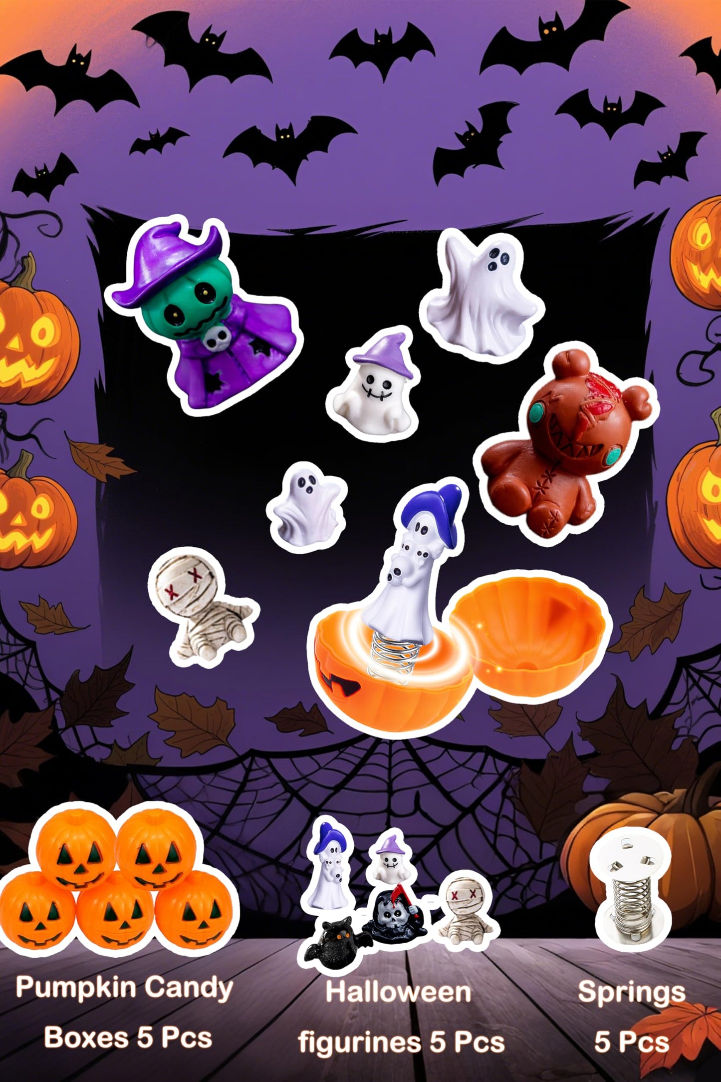 5PCS Halloween Pumpkin Trick Or Treat Boxes Prank Candy Boxes Spring Loaded Pop Up Treat Containers with 5 Halloeen Figurines for Trick or Treat Scares, Party Favors & Superise Gifts (White 5PCS)