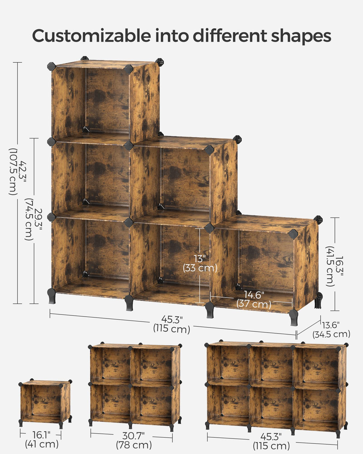 SONGMICS 6 Cube Storage Organizer, Modular Bookshelf, DIY Closet Organizers and Storage, Plastic Stackable Shelves, 14.6 x 13 x 13 Inch Cubes, with Feet and Rubber Mallet, Rustic Brown ULPC206A01