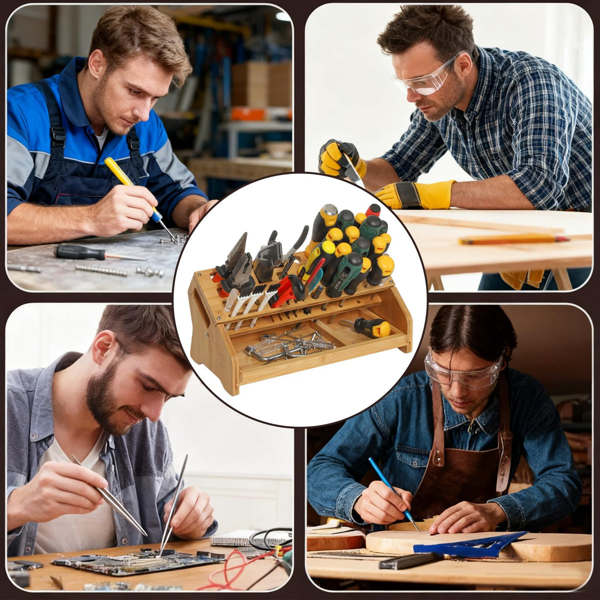 ValuXpro Bamboo Screwdriver Organizer - Tool Storage Organizer Workbench Desktop Rack - Hand Piler Tools Storage Holder -Standard Size