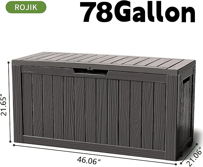 ROJIK Outdoor Storage Housing Deck Box - Waterproof Patio Furniture, Garden Tools, Cushions, Pool Accessories Storage Bench with Lockable Lid and Side Handles (Black 78 Gal)