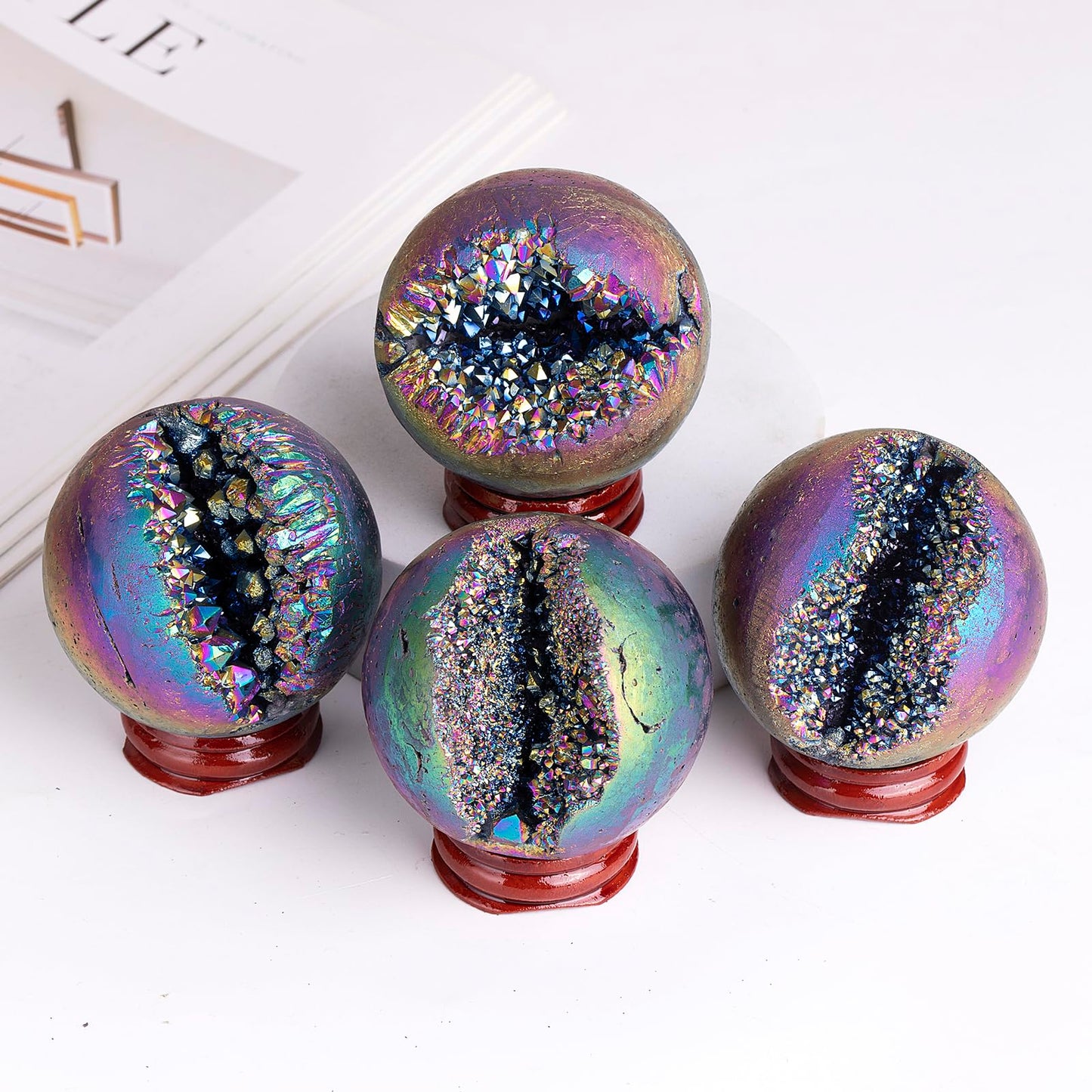 Nupuyai 51-60mm Rainbow Natural Titanium Coated Crystal Ball with Wood Stand, Opening Geode Cluster Stone Sphere Orb Specimen Energy Cave for Home Decoration Feng Shui Divination