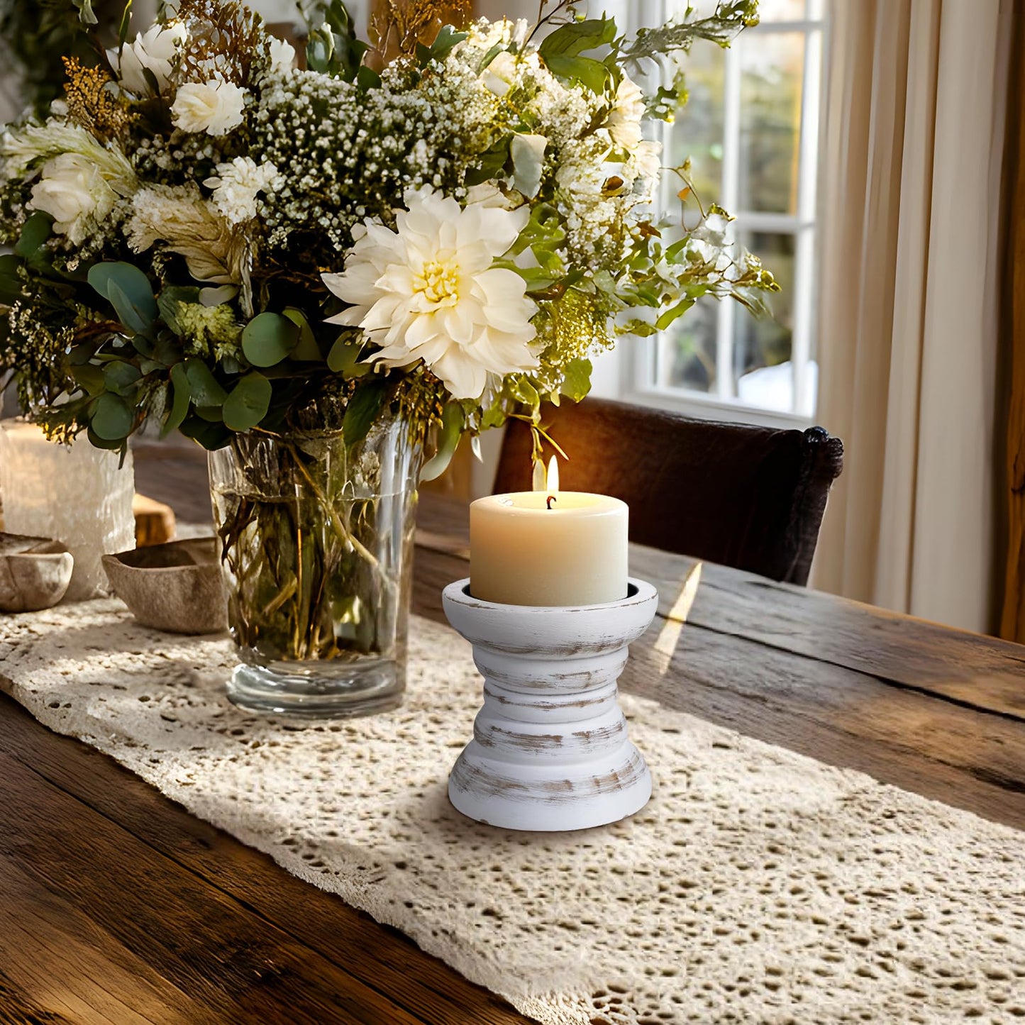 Pillar Candle Holder, Farmhouse Wood Candle Holder, Rustic Wooden Candle Stand, Vintage Small Wooden Candlestick Holders for Living Room, Table Centerpiece, White