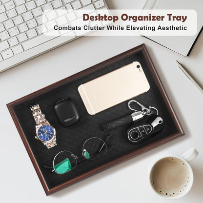Zosenley Wooden Valet Tray with Leather Base - Nightstand Catchall Organizer for Cologne, Perfume, Keys, Wallet, Phone, Watch, Jewelry & Sunglasses (2Pcs Black)