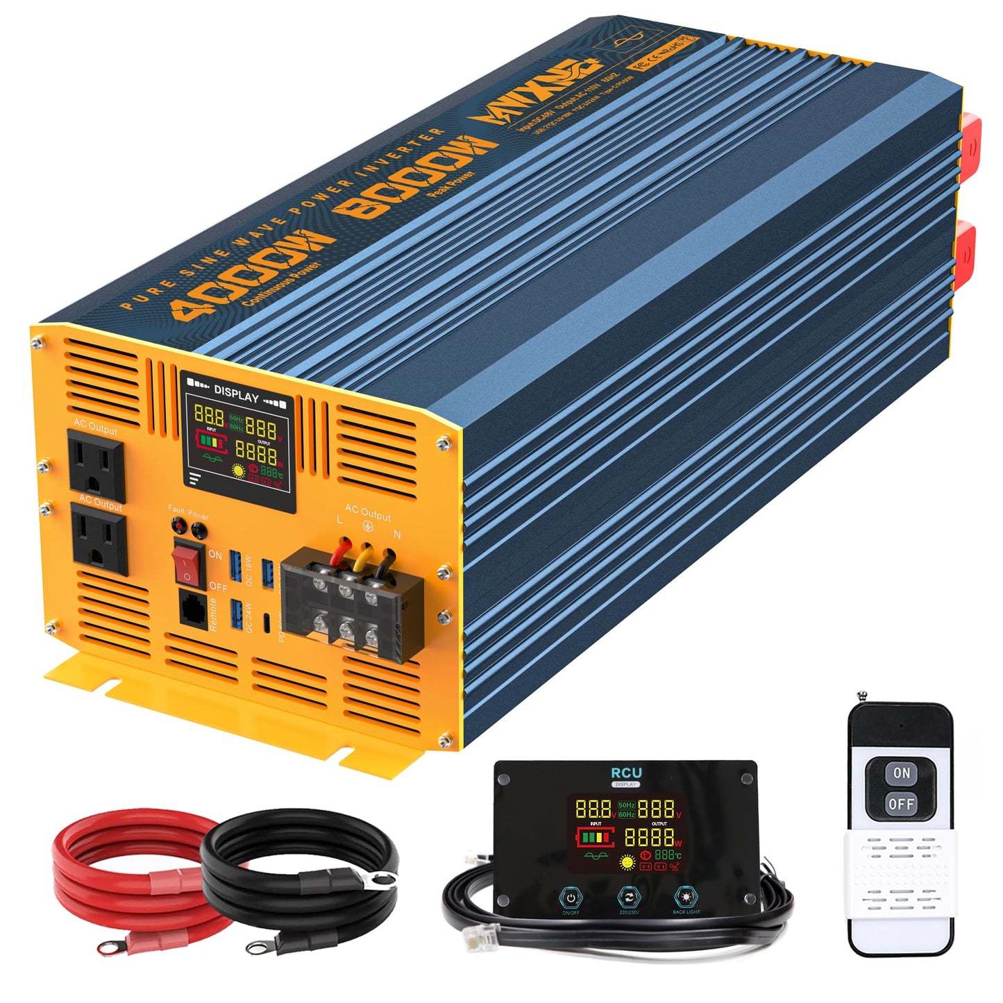 MWXNE 4000W Pure Sine Wave Power Inverter DC 48V to AC 110V 120V for Home RV with Dual AC Outlets 1 USB-C(60W) 3 USB-QC3.0 Fast Car Charger Adapter, LCD Display and Remote Control