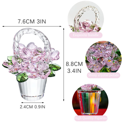 H&D HYALINE & DORA Crystal Pink Flower Basket Figurine,Crystal Gifts for Women, Glass Flower Collectible Figurines for Home Wedding Christmas Decor(with 5 Flowers)