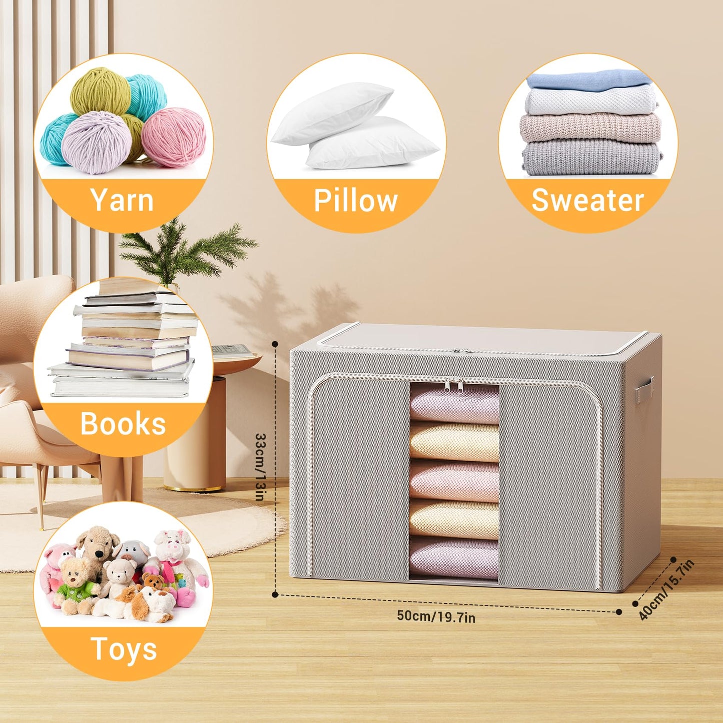 LeArex Clothes Storage Bins with Metal Frame Foldable Storage Box Clothes Organizers Storage Containers for Clothes Sheets Blankets Books Toys Gifts and Holiday Decorations (66Lx3 Pack)
