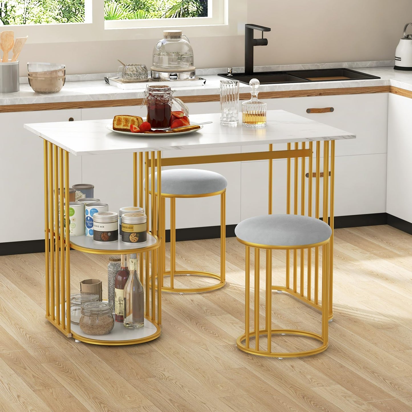 Giantex 3-Piece Dining Table Set for 2, Rectangular Kitchen Table with 2 Stools, 2-Tier Storage Shelf, Upholstered Seat, Faux Marble Top, Metal Frame, Dinette Desk, Breakfast Desk for Small Space
