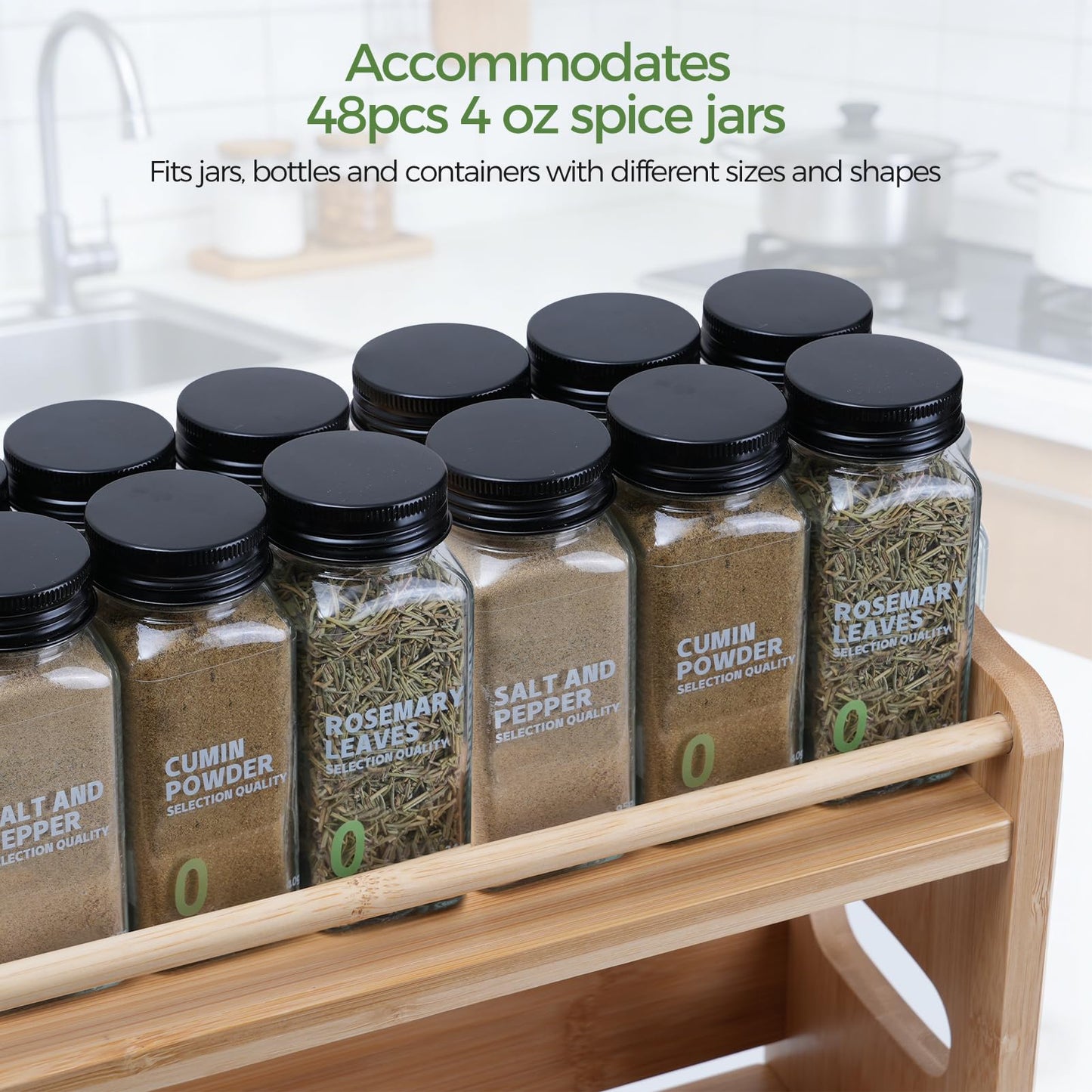 Bambition Bamboo Spice Rack Organizer, 3 Tier Spice Storage Rack with Handles, Wood Seasoning Jars Shelf for Kitchen Counter, Pantry or Wall Mounting