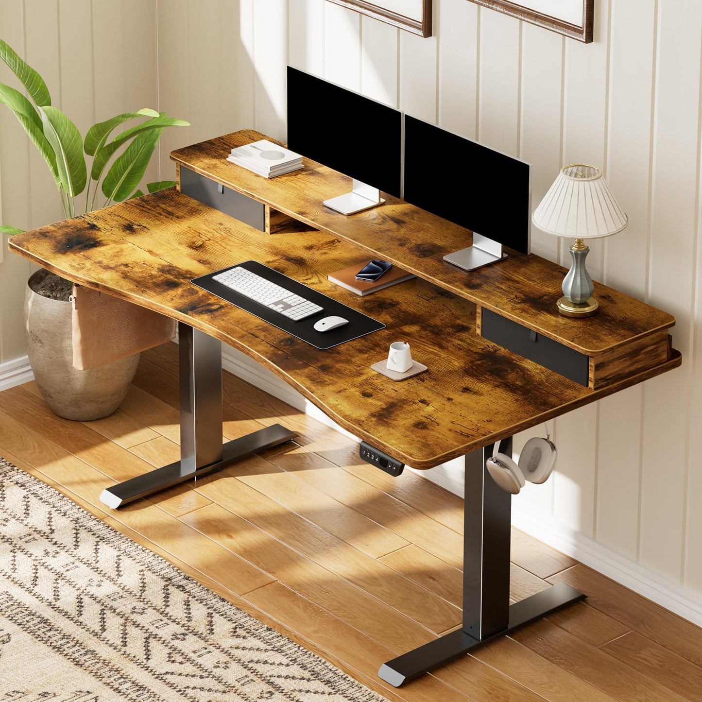 Veken 47.2"×27.6" Standing Desk with Storage Drawers, Adjustable Height Computer Table with Monitor Shelf, Home Office Desk for Study, Gaming, Workstation, Brown