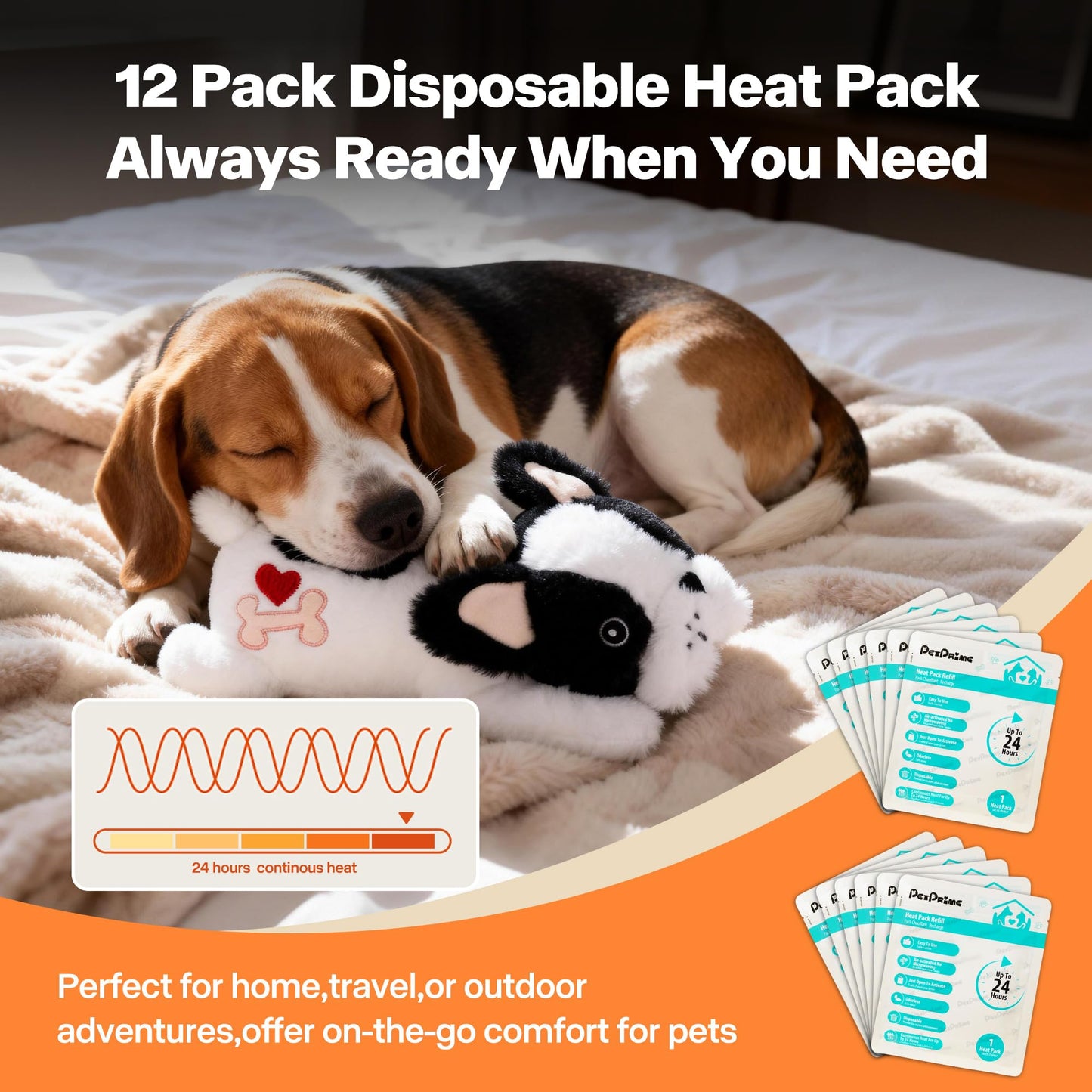 Pet Prime 12-Pack Disposable Heat Packs for Heartbeat Plush Toys，Up to 24H Odorless Warmth, Easy to Use, Instant Comfort Companion for Anxious Pets