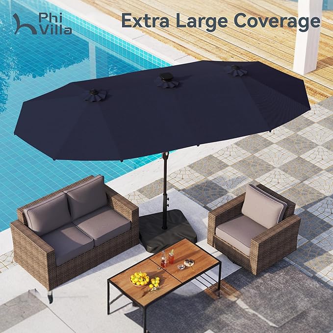 PHI VILLA 13ft Patio Umbrella with Solar-Powered 120 PCS LED Color-Changing Lights, Triple-Head Large Rectangle Umbrella Outdoor Patio for Table with Crank Lift,Navy Blue(No Base)