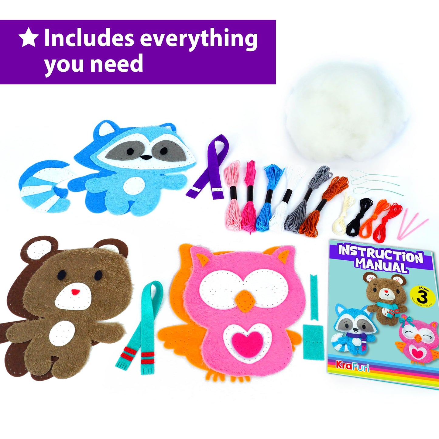KRAFUN Sewing Kit for Kids Ages 7-12, Beginner Art & Craft Set with 3 Stuffed Animal Dolls (Teddy, Raccoon, Owl), Plush Felt Materials, Embroidery Supplies, and Instructions for Learning to Sew