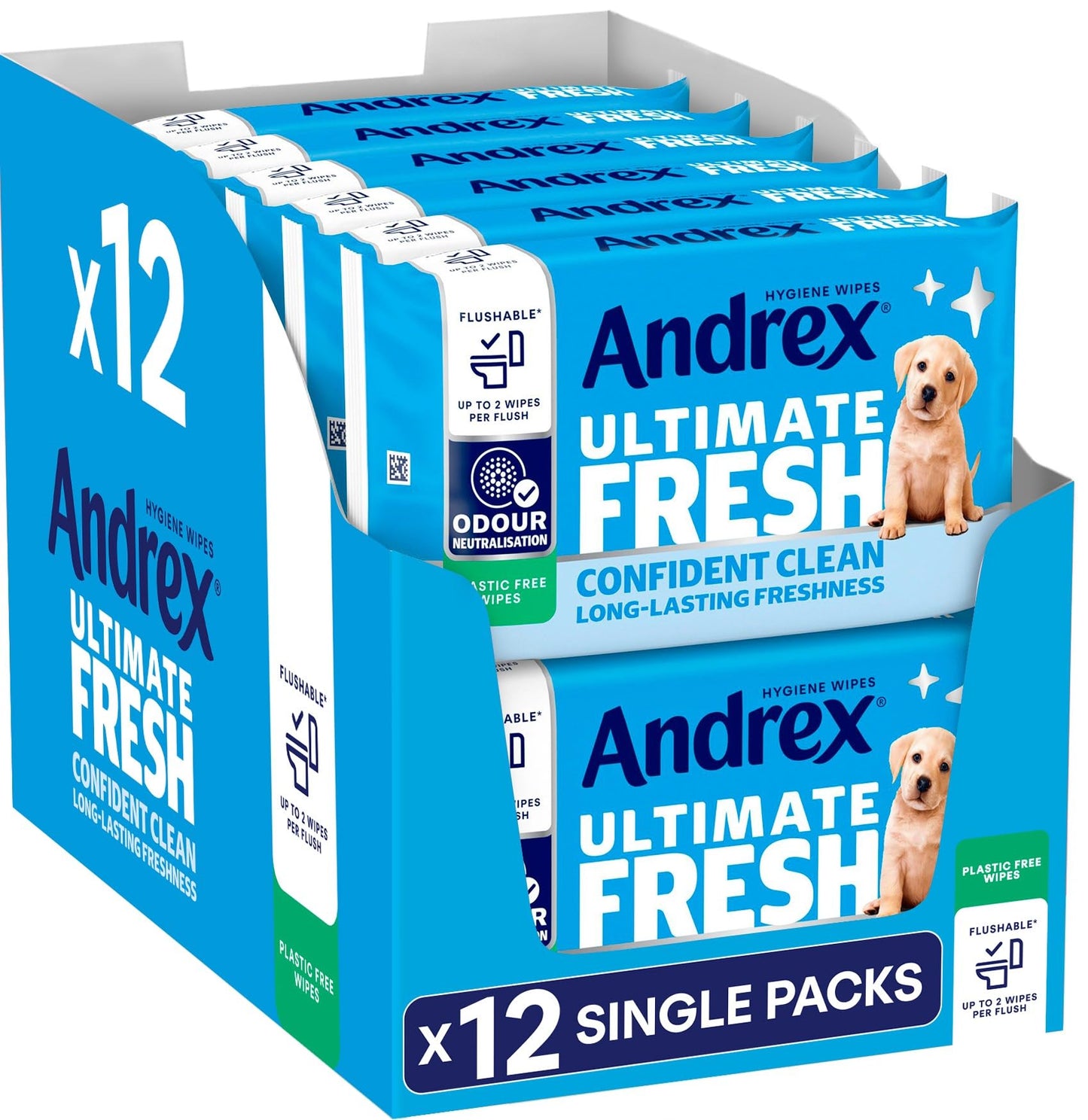 Andrex Ultimate Fresh Washlets, 12 Packs - Gentle, Biodegradable, Flushable Toilet Wipes for Everyday Hygiene, Use with Regular Toilet Roll for a Shower Fresh Clean