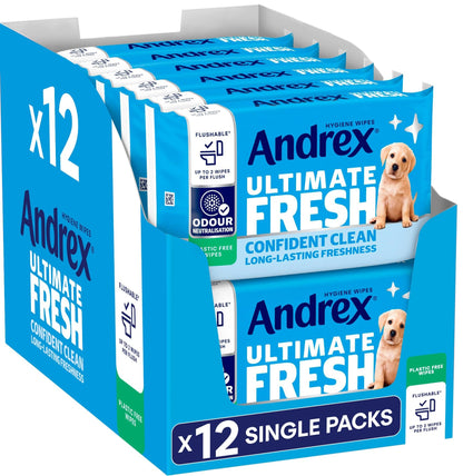 Andrex Ultimate Fresh Washlets, 12 Packs - Gentle, Biodegradable, Flushable Toilet Wipes for Everyday Hygiene, Use with Regular Toilet Roll for a Shower Fresh Clean
