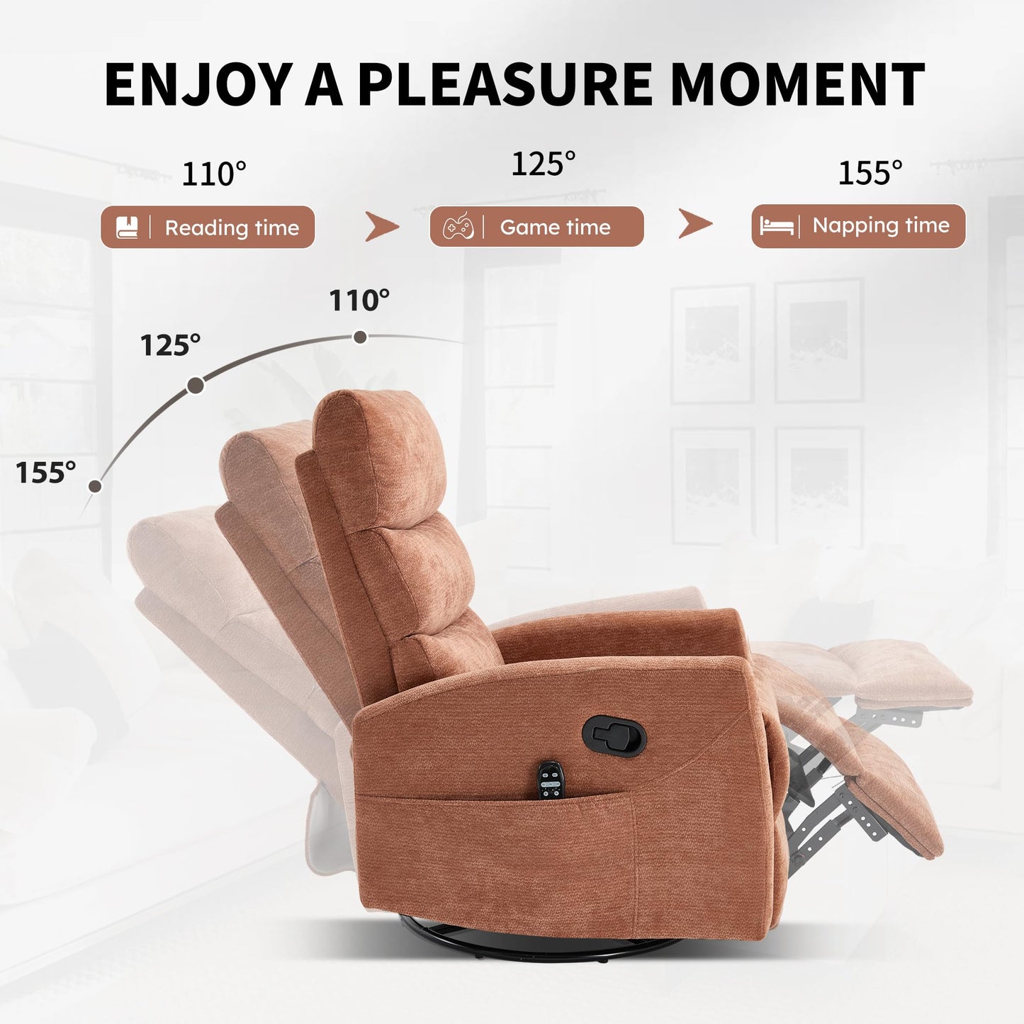 KEIKI Heat Massage Manual Recliner Chair, 360° Swivel Rocker with Lumbar Heat, Chenille Fabric Overstuffed Padding, 3 Massage Modes Timer, Tool-Free 10-Min Assembly for Bedroom Lounge, Orange