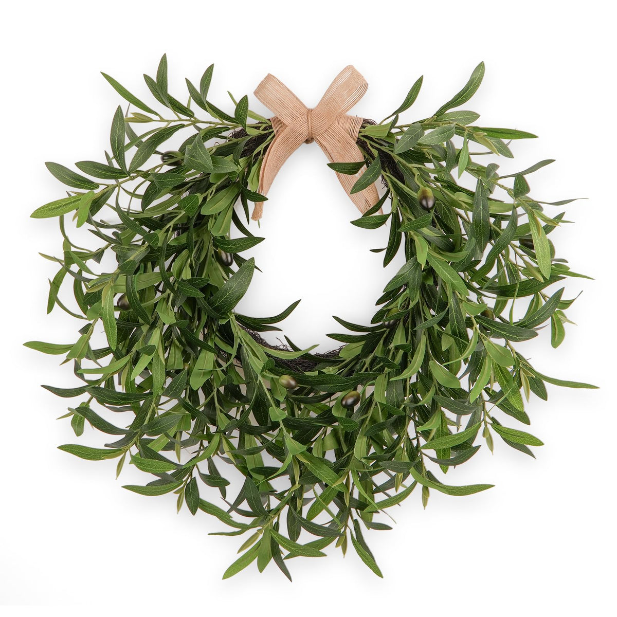 Artificial Olive Wreath for Front Door - 22 Inch Faux Greenery Wreath with Burlap Bow & Olives - Modern Farmhouse Wall Decor, Year Round Spring Summer Wreath for Indoor Outdoor Wedding Entryway