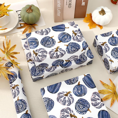 JarThenaAMCS Fall Porcelain Pumpkin Wrapping Paper -Mini Roll- 17 In x 32.8 Ft Chinoiserie Blue Pumpkin Gift Wrap Paper for Autumn Thanksgiving Birthday Party
