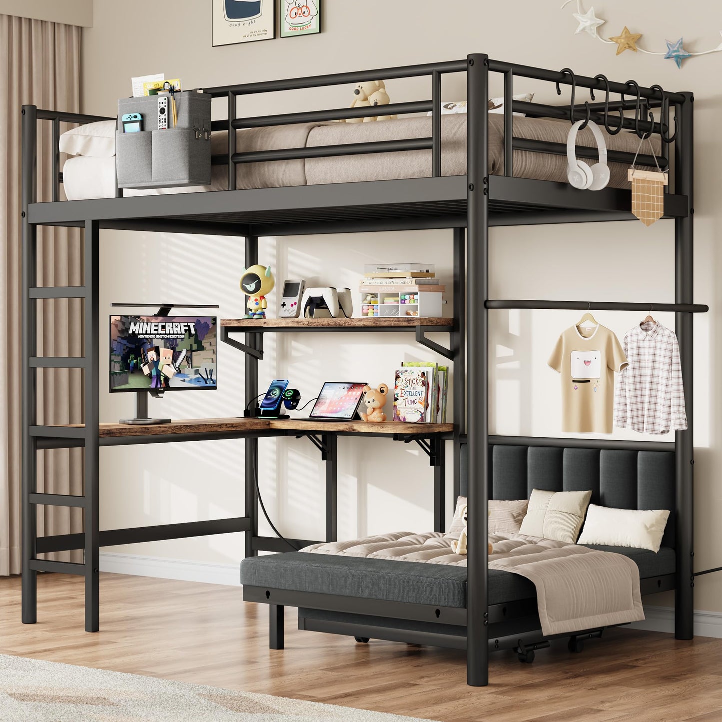 Twin Loft Bed with Pull-Out Folding Bed and Desk, Heavy Duty Metal Bunk Bed Frame with Mattress, Dual-Access Bed, Charging Station, 2-Tier Adjustable Shelves, Safety Guard Rail & Ladder (Dark Black)