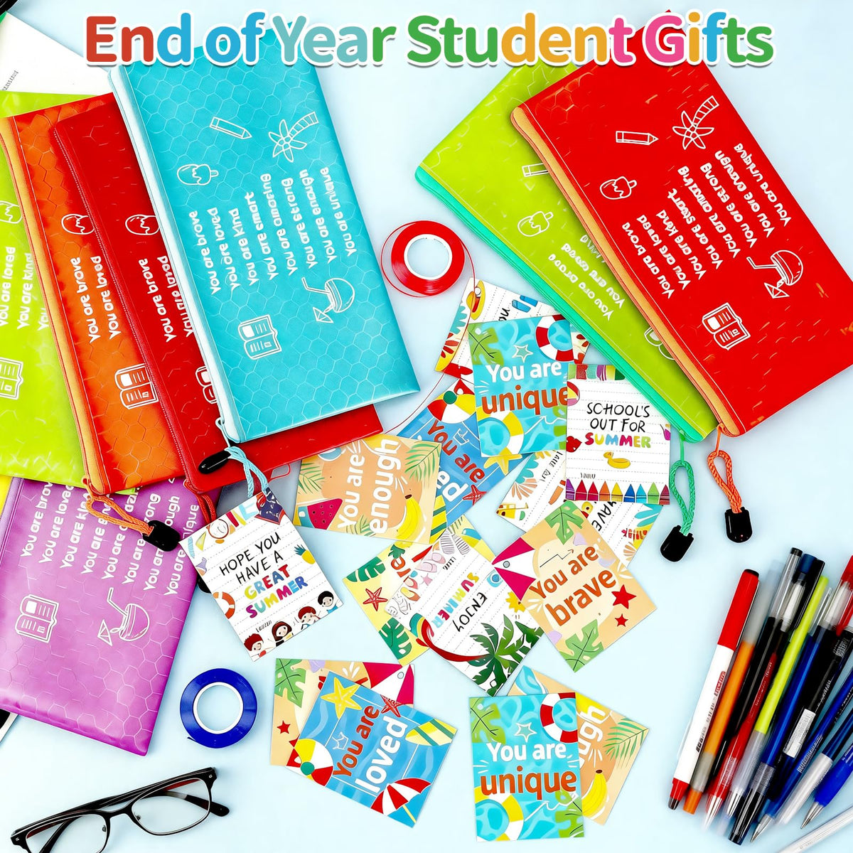 30 Sets 62Pcs End of Year Student Gifts from Teacher, Inspirational Rainbow Pencil Pouches Bulk, Summer Greeting Cards with Ribbons, Perfect for Classroom Rewards, Graduation and Summer Party Gifts