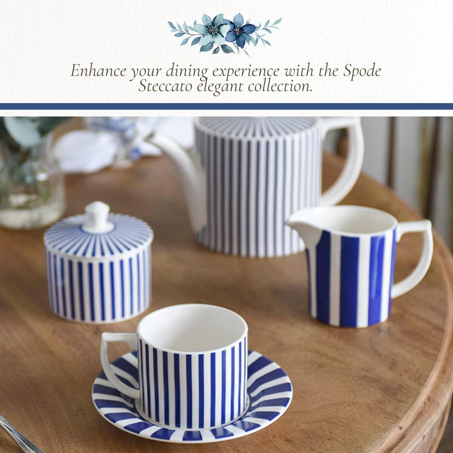 Spode Steccato Covered Sugar Bowl - 10 Ounce Earthenware Container with Lid, Cobalt Blue Striped Design, Microwave Dishwasher Freezer & Oven Safe - Ideal for Afternoon Tea & Gifting