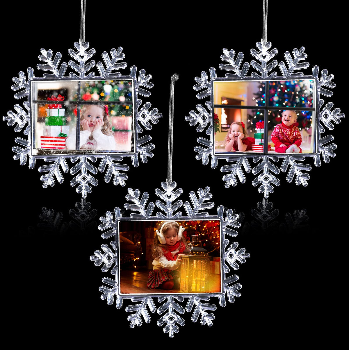 Yookeer 3 Pcs Christmas Snowflake Hanging Photo Frame Snowflake Ornaments Xmas Picture Ornaments Christmas Acrylic Photo Decorations Picture Frame for Xmas Tree (Classic)