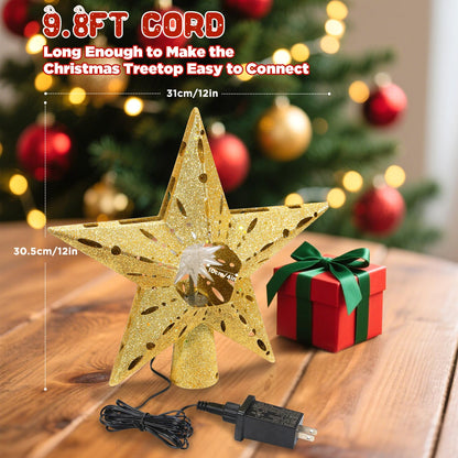 Gold Rotating Christmas Tree Topper Star with RGB LED Lights, 3D Crystal Diamond Center, Spinning Projection, Glitter Design Tree Decor with Power Cord for Holiday, Party, Christmas Celebration