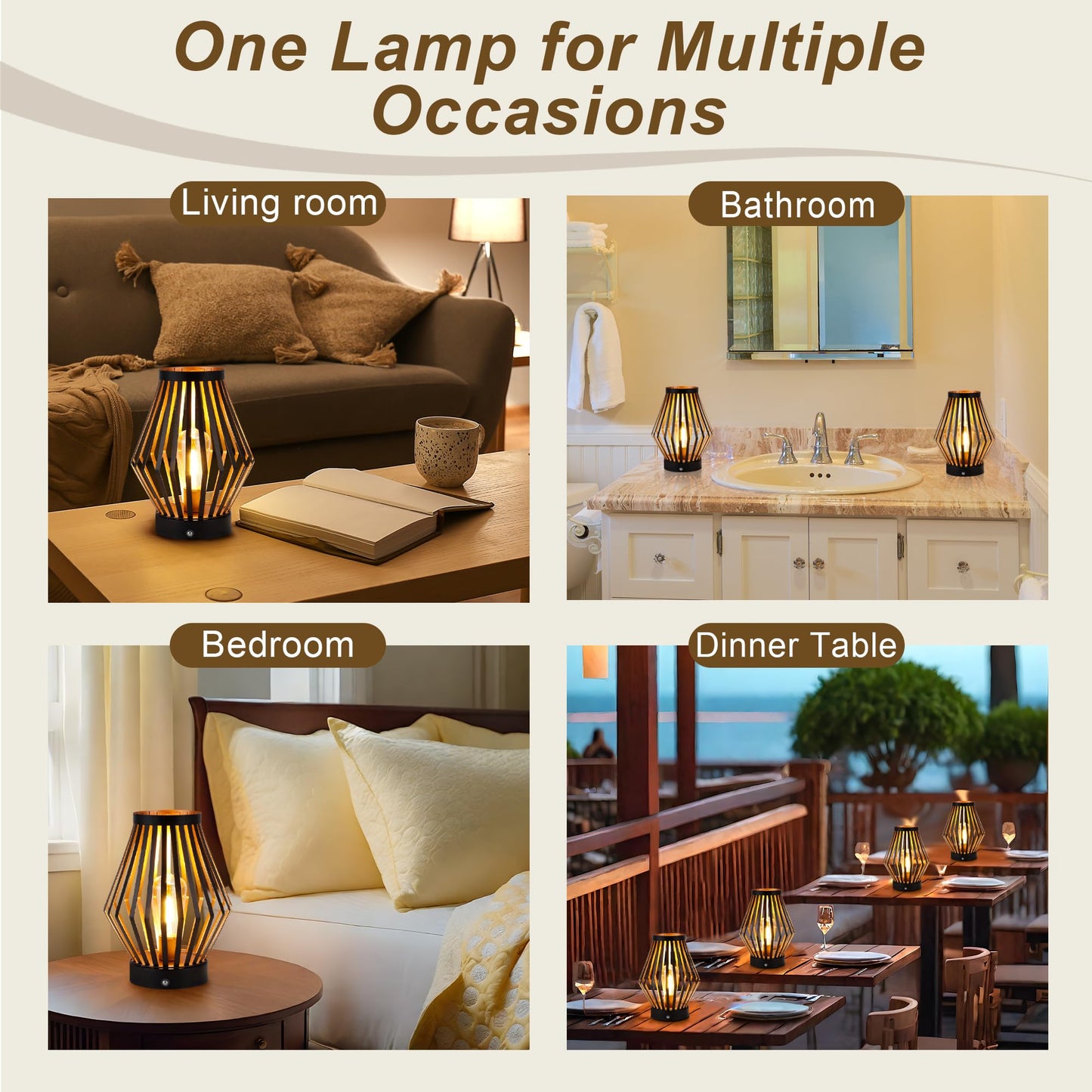 JHY DESIGN Dimmable Touch Bedside Table Lamp 20cm High Rechargeable Metal Cage Lantern with LED Edison Style Bulb Cordless Accent Lamp for Weddings Parties Patio Events for Indoors Outdoors