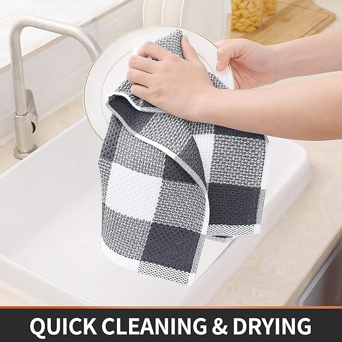 Homaxy 100% Cotton Waffle Weave Check Plaid Kitchen Towels, 13 x 28 Inches