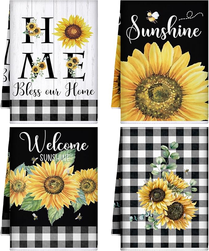 Bencailor 4 Pcs Sunflower Kitchen Towels Summer Black and White Tea Towels