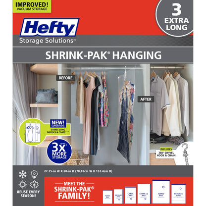 Hefty Hanging Compression Bags 3 Extra Long Vacuum Garment Storage Bags for Clothes, Travel, Closet Organization (60 X 27 Inches) (X-Large)