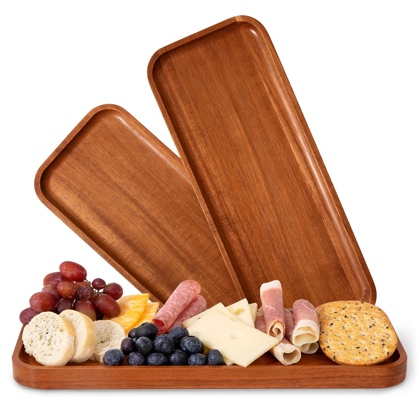 Solid Acacia Wood Serving Trays (14 x 5.5 inches) Rectangular Wooden Large Serving Platters for Food, Wooden Platter for Charcuterie, Appetizer Serving Tray, Wood Cheese Board (Set of 3 Plates)