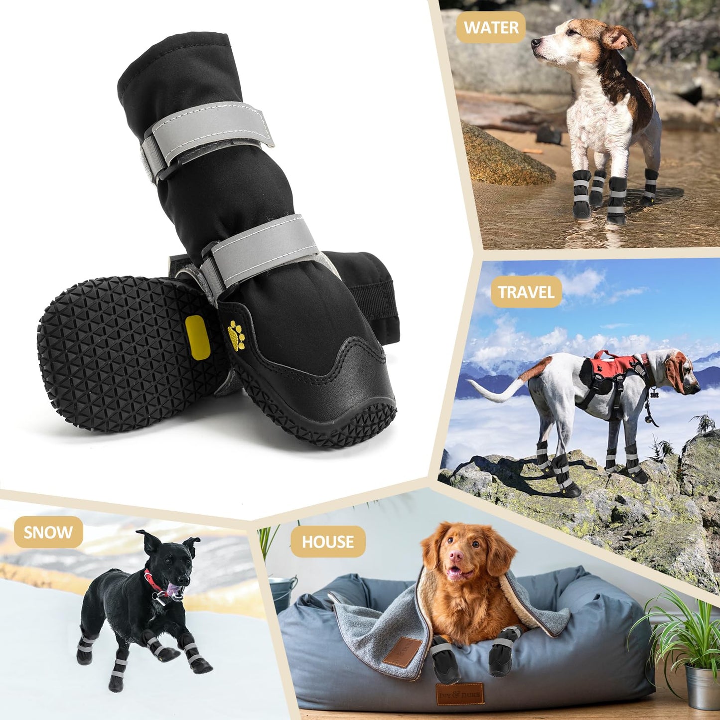 Anti-Slip Dog Shoes with Reflective Straps, High Dog Boots Waterproof, Wear-resistant Leather Rubber Sole Dogs Paw Protector for Small Medium Large Dogs 4 Pcs(L, Black)