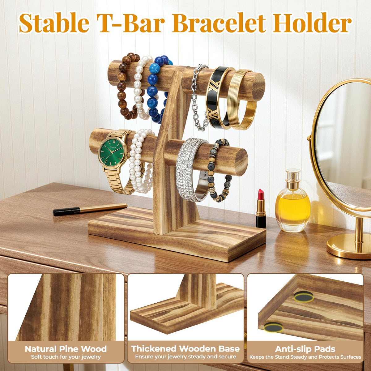 EsLuker.ly Bracelet Holder Display Wooden Stand Organizer, T Bar Bangle Storage Rack for Home Vendors Business Selling, Large Capacity 2 Tier Jewelry Tree Tower for Watches, No Clutter, Rustic Brown