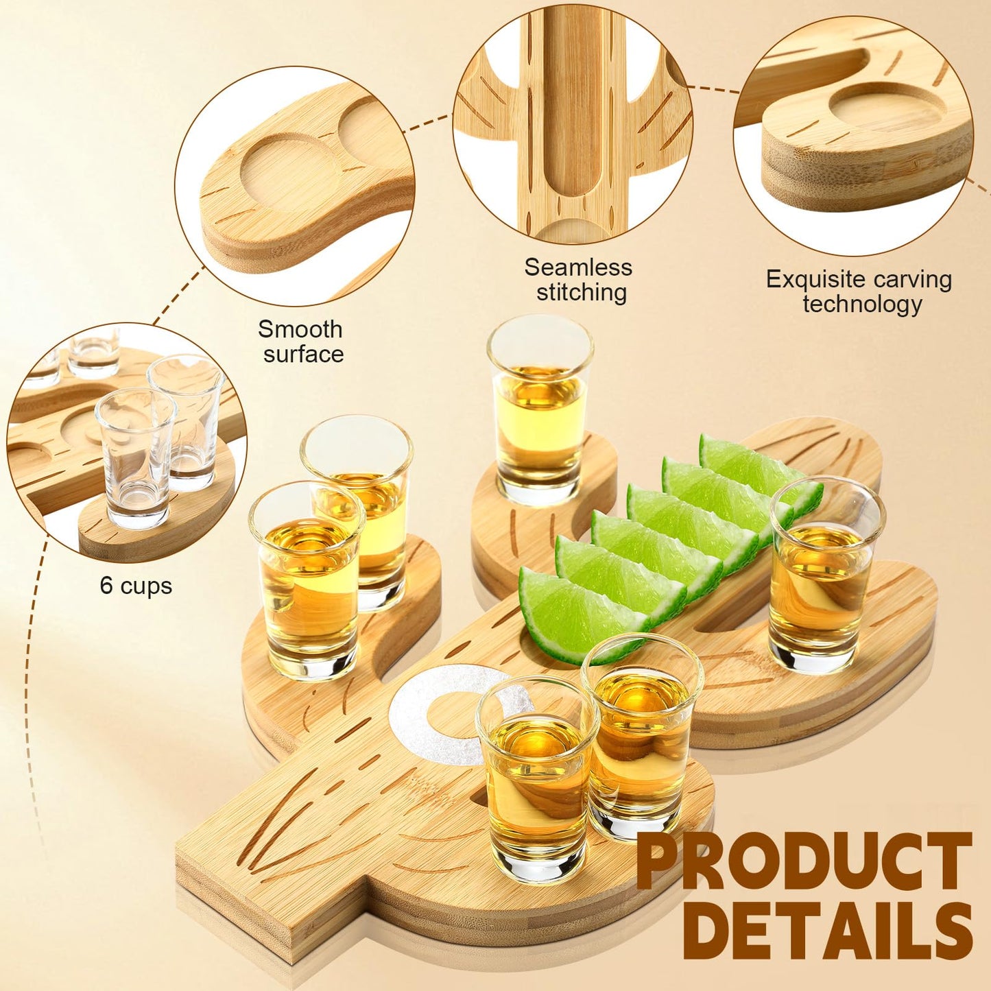 Funnymoom Mexican Tequila Shot Board with Glasses Set Fiesta Wooden Serving Tray with 6 Shot Glasses and Salt Lemon Rim Mexican Tequila Gifts for Cinco De Mayo Holiday Liquor Party(Cactus)