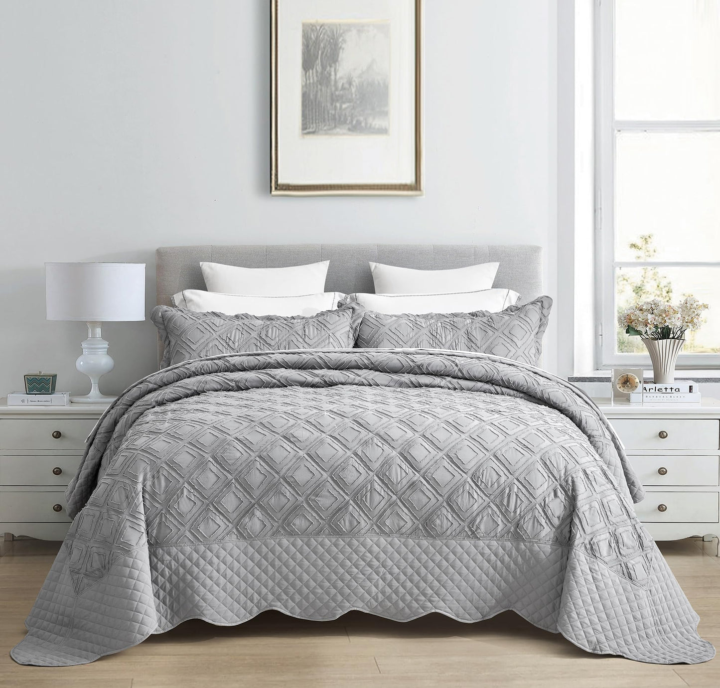 Blythease Oversized King Bedspread, Clipped Jacquard Diamond Quilt Set King/Cal King, Lightweight Tufted Reversible Coverlet, Scalloped Edge - Shabby Chic Boho Look, 3 Piece, Grey