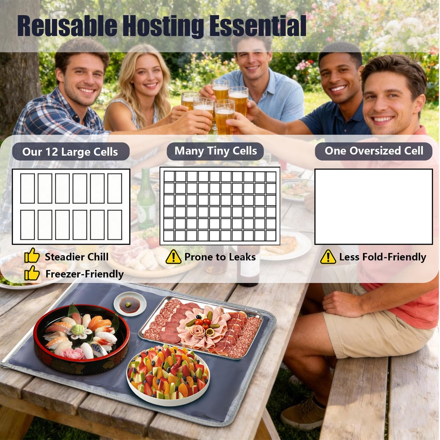 Babeezy Party Mat Chiller,Foldable Reusable Ice Pack Mat with Sleeve Bag 12 Large Cells (2×6) Tray Chiller for Charcuterie, Cheese, Deli Meats, Veggie & Fruit Trays, Sushi, Salads & Dips