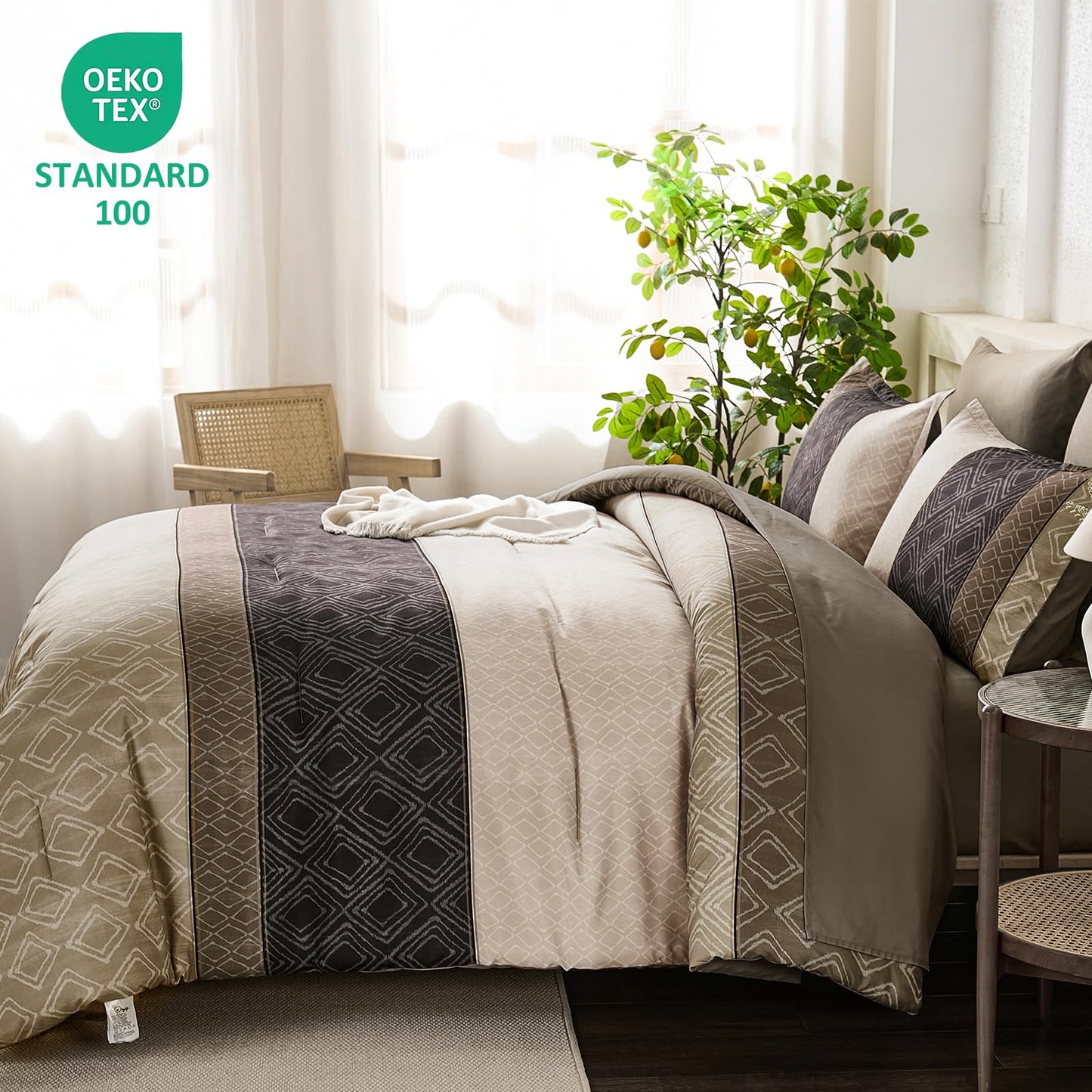 Dinjoy Boho Queen Comforter Set Light Brown,7 Piece Bed in a Bag Queen Size Lightweight Striped Bedding Sets with Plaid Comforters Bed Set with Sheets for Family All Season