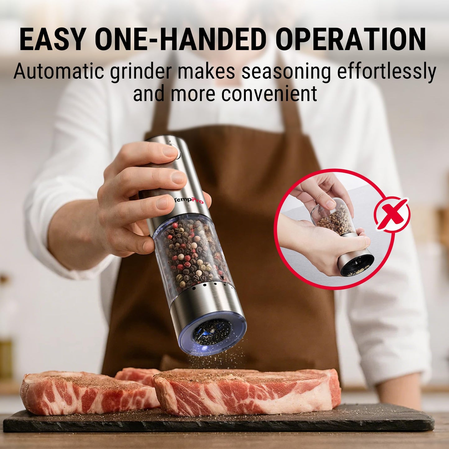 TempPro 100ml Electric Salt and Pepper Grinder Set Rechargeable, Automatic Pepper Grinder Shakers with External Adjust, Refillable Pepper Mill, Gift for Him Dad Father(Previously ThermoPro)