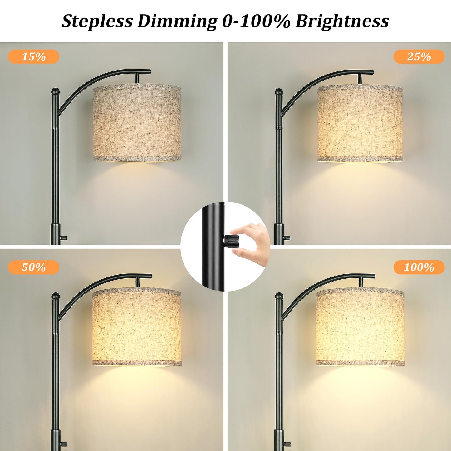 ROTTOGOON Dimmable Floor Lamp, Arc Floor Lamps for Living Room, Stepless Dimming Modern Standing Lamp with Linen Shade, Tall Lamp for Bedroom Office Dining Room- Black