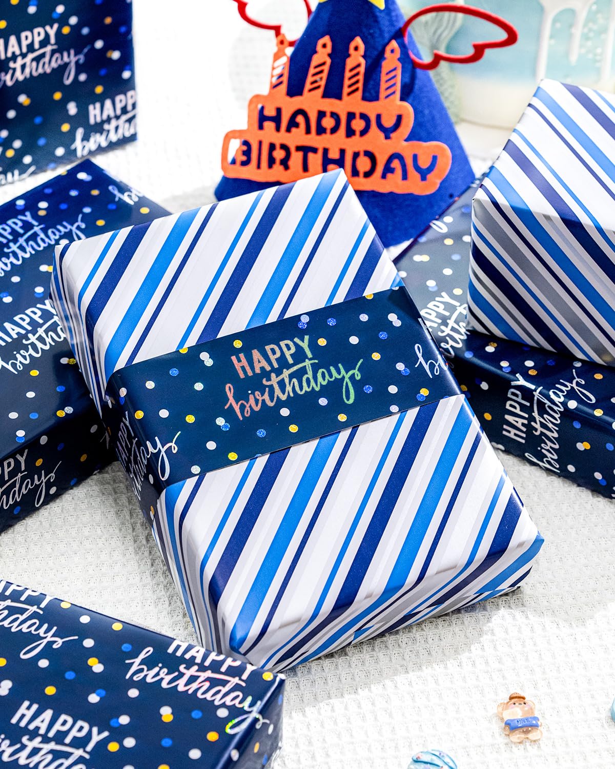 MAYPLUSS Birthday Wrapping Paper Roll, Blue Metallic Holographic Happy Birthday Wrapping Paper Featuring Revesible Stripe Gift Wrap Paper for Boys Kids Girls Men, 17 Inches x 33 Feet