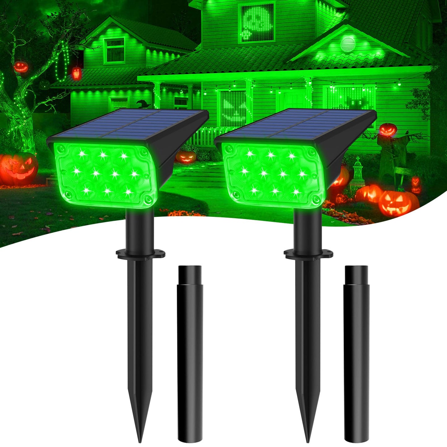 T-SUNUS Halloween Green Solar Spot Lights Outdoor, Landscape Spotlights 2 Modes Dusk to Dawn Waterproof IP65 for Accent Uplighting Christmas Tree St. Patrick's Day Yard Statue Graveyard Driveway Flag