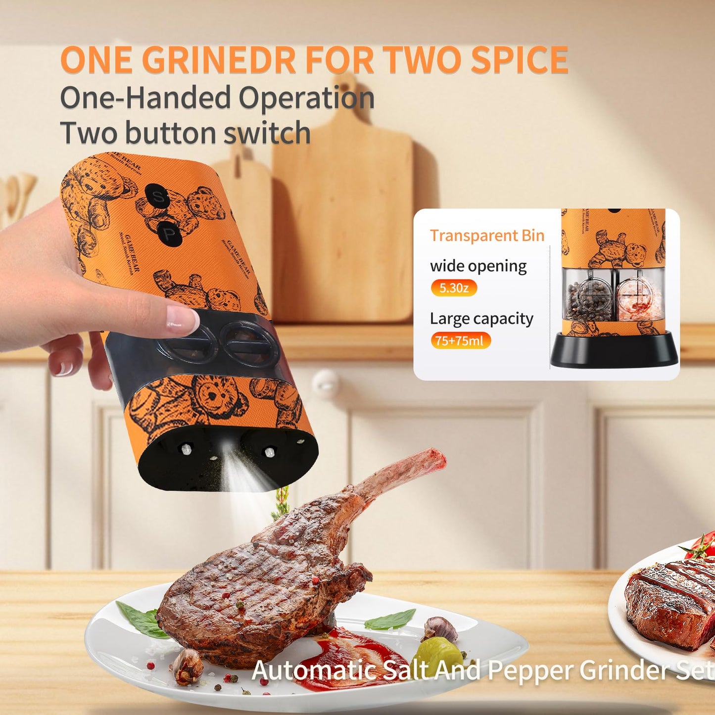 Dual Chamber Salt and Pepper Grinder Set Rechargeable,Electric Pepper Grinder USB-C,One-Hand Control Automatic Salt Mill Shakers,Ceramic Adjustable Coarseness,Large Capacity LED for Kitchen Home Gifts