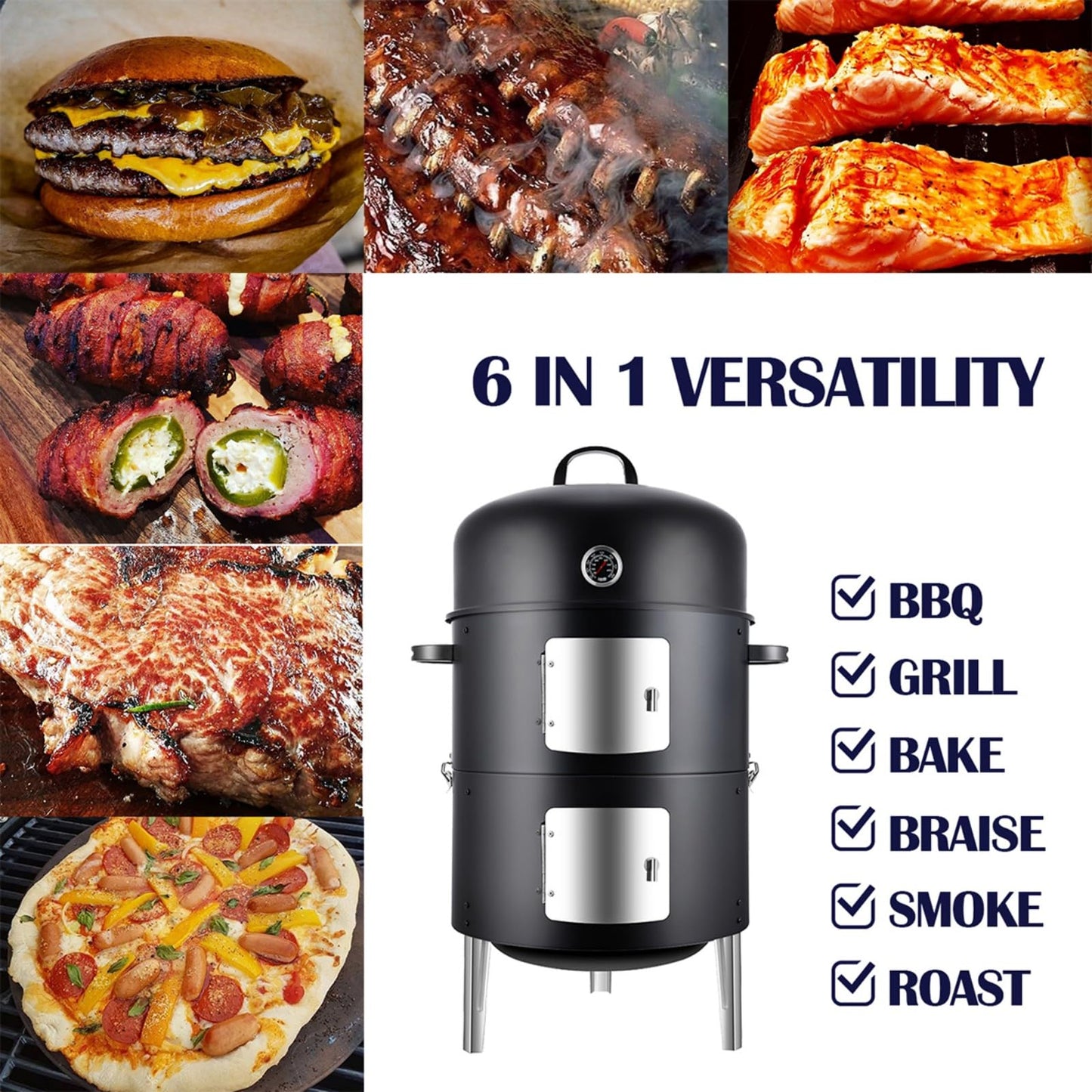 SUNLIFER Charcoal BBQ Grill, Heavy Duty 3-in-1 Barbecue Smoker Grill for Garden Camping Outdoor Cooking and Grilling 89x56x43CM